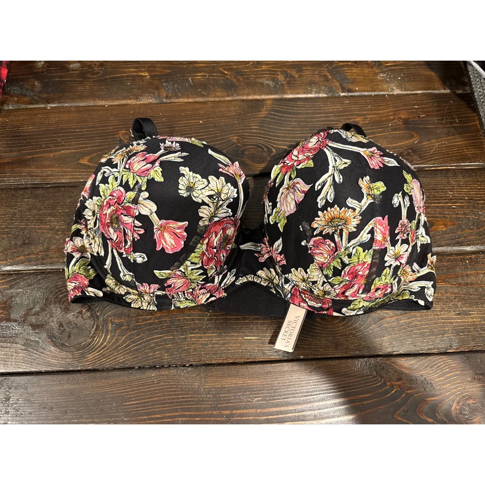 Victoria's Secret Floral Lined Demi Bra Black Pink Yellow Underwire 34DD NWT